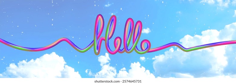 A colorful sign shaped like the word hello stretches across a clear blue sky, surrounded by fluffy white clouds, radiating an uplifting and cheerful energy for viewers below.