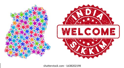 Colorful Sikkim State map collage of stars, and grunge rounded red WELCOME stamp seal. Abstract territory scheme in colorful shades. Vector Sikkim State map is formed of colorful stars.