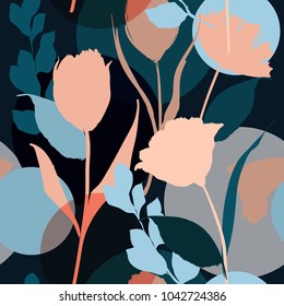 Colorful Silhouette Abstract seamless pattern with leaves and flowers Background with flowers vector on modern style.