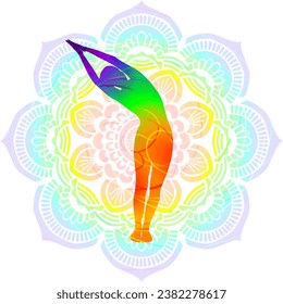 Colorful silhouette of Ardha Chandrasana or Nitambasana. Crescent Moon pose or Half Moon pose. Isolated vector illustration on Mandala background.