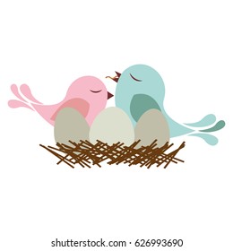colorful silhouette of bird in nest with eggs and chick vector illustration