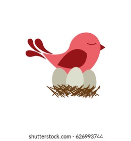 colorful silhouette of bird in nest with eggs vector illustration