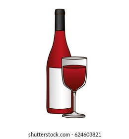 colorful silhouette with bottle of red wine and glass and delineated vector illustration