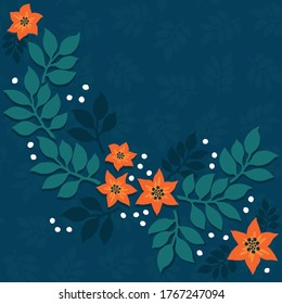 colorful silhouette branches leaves and flowers botanical vector illustration on dark green background with white dots