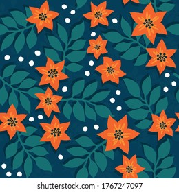 colorful silhouette branches leaves and flowers botanical vector seamless pattern on dark green background with white dots