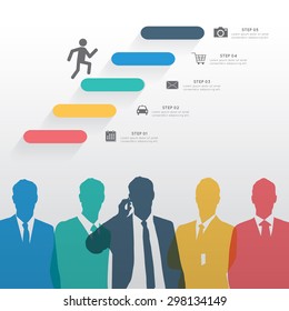 Colorful silhouette businessman team flat icon design vector illustration over step icons.