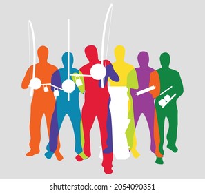 Colorful silhouette of capoeira people playing brasil music. Vector flat colored illustration. Art design for cloths, t-shirts, templates, flyers, web sites, events.