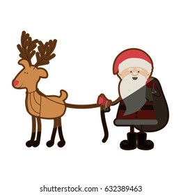 colorful silhouette caricature of santa claus with gift bag and reindeer holding by rope and half shadow vector illustration