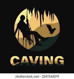 Colorful silhouette of cave explorer. Caving illustration