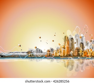 Colorful silhouette city sunrise panorama . Conceptual abstract city image. Vector background.