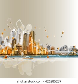 Colorful silhouette city sunrise panorama . Conceptual abstract city image. Vector background.