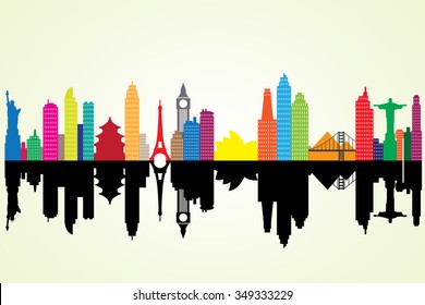Colorful silhouette cityscape with famous building.