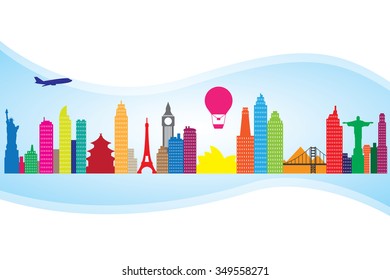 Colorful silhouette cityscape with famous building.