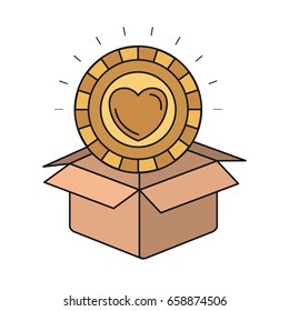 colorful silhouette closeup coin with heart shape inside coming out of cardboard box vector illustration