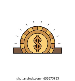 colorful silhouette closeup flat golden coin with dollar symbol depositing in rectangular slot vector illustration