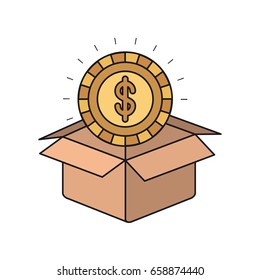 colorful silhouette closeup golden coin with dollar symbol inside coming out of cardboard box vector illustration