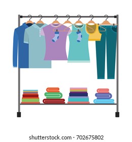 colorful silhouette of clothes rack with t-shirts and pants on hangers and fold clothes on bottom vector illustration