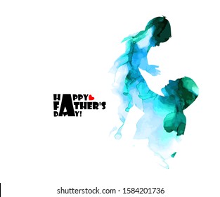 Colorful silhouette of dad and son. Happy father's day. Mixed media. Vector illustration
