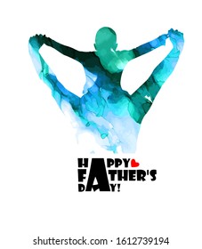 Colorful silhouette of dad and son. Happy father's day. Mixed media. Vector illustration