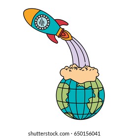 colorful silhouette of earth globe and space rocket launching vector illustration
