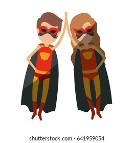 colorful silhouette with faceless couple of superheroes flying and holding hands with shading vector illustration