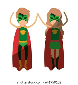 colorful silhouette with faceless couple of superheroes flying vertically and shading vector illustration