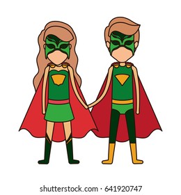 colorful silhouette with faceless duo of superheroes united of the hands and her with long wavy hair and closed eyes vector illustration