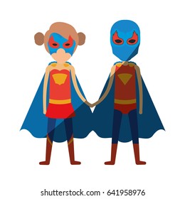 colorful silhouette with faceless duo of superheroes united of the hands and her with collected hair with shading vector illustration