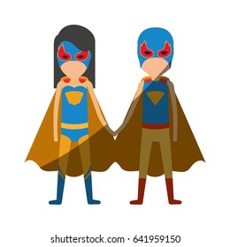 colorful silhouette with faceless duo of superheroes united of the hands and her with straight long hair and shading vector illustration