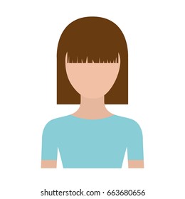 colorful silhouette faceless half body young woman with straight medium hairstyle vector illustration