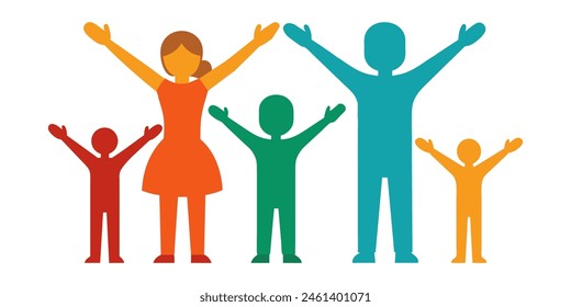 Colorful Silhouette of Family With Hands Up on White Background