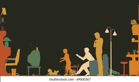 Colorful Silhouette Of A Family In A Living Room