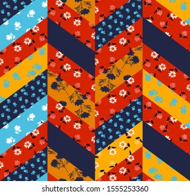 Colorful of silhouette floral patchwork in zigzag heringbone of geometric seamless pattern vector design for fashion, fabric, web, wallpaper wrapping and all prints 
