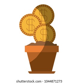 colorful silhouette of flower pot with set of coins and without contour