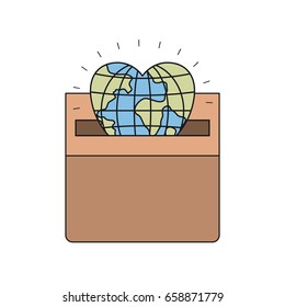 colorful silhouette front view flat globe earth world in heart shape depositing in a carton box vector illustration