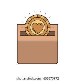 colorful silhouette front view flat golden coin with heart symbol inside depositing in a carton box vector illustration