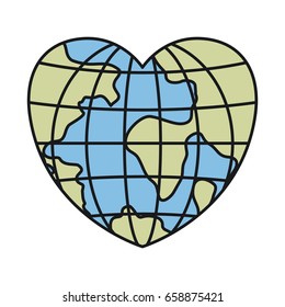 colorful silhouette front view globe earth world in heart shape vector illustration
