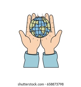 colorful silhouette front view of hands holding in palms a earth globe world charity symbol vector illustration