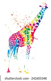 Colorful silhouette of giraffe, illustration isolated on white background