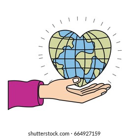 colorful silhouette hand palm giving a earth globe world in heart shape vector illustration