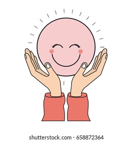 colorful silhouette hands with floating pink circular happy face smiling vector illustration