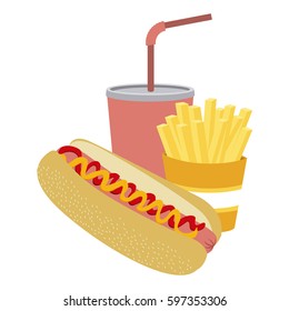 colorful silhouette with hot dog with french fries and soda vector illustration