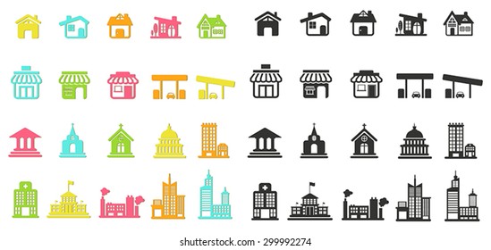 Colorful silhouette house, church, shop, office industrial building, and other public construction architecture flat icon set with no shade, create by vector
