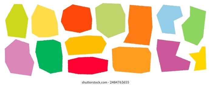 Colorful silhouette irregular shapes isolated on white background. Set of rough torn paper different geometric shapes with ragged edges. Pieces of cut paper