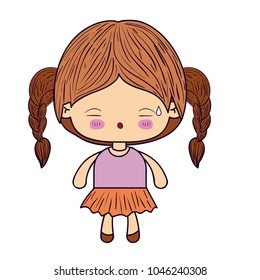 colorful silhouette of kawaii little girl with braided hair and facial expression tired