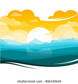 colorful silhouette landscape of Sunset and Sunrise ocean for graphic design and website