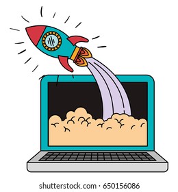 colorful silhouette of laptop computer and space rocket vector illustration