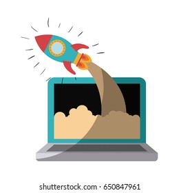 colorful silhouette of laptop computer and space rocket without contour and shading vector illustration