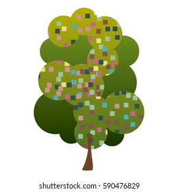 colorful silhouette leafy tree with pixels square vector illustration