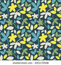 Colorful silhouette leaves, flowers seamless pattern. Simple botanical ornament with small elements on dark blue background. Modern vector design for organic healthy food, fabric ditsy print,wallpaper